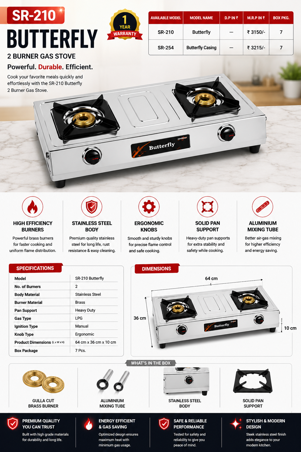 SR-210 Butterfly 2 Burner Gas Stove | Stainless Steel Body | Brass Burners | Heavy Duty Pan Support | Manual Ignition LPG Gas Stove | Silver