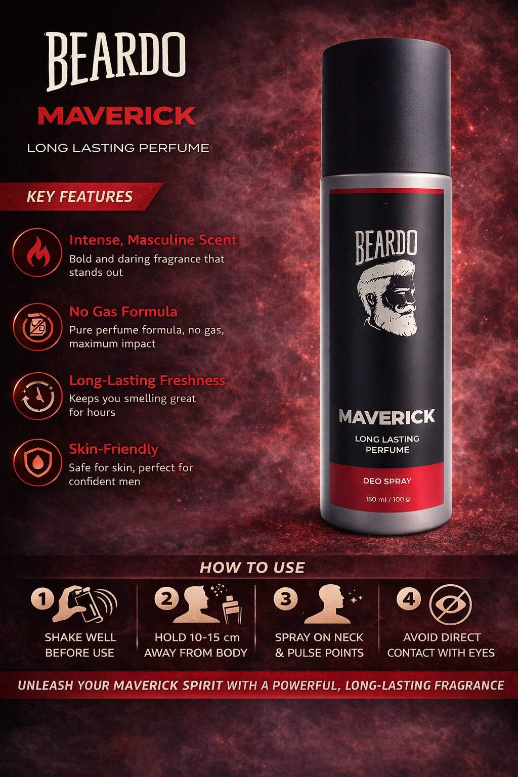 Beardo Maverick Perfumed Deo Spray for Men, Long Lasting Intense Masculine Fragrance, No Gas Formula, Skin Friendly Daily Use Body Spray – 150 ml