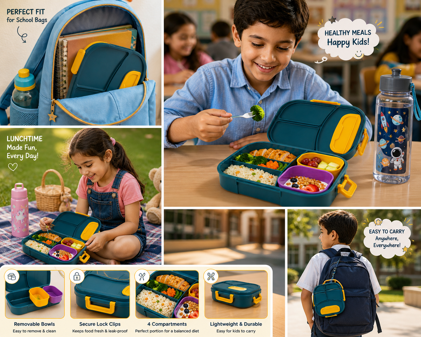 GIBO Leak-Proof Bento Lunch Box for Kids & Adults – 4 Compartment Meal Prep Container with Removable Bowls – BPA-Free, Microwave & Dishwasher Safe