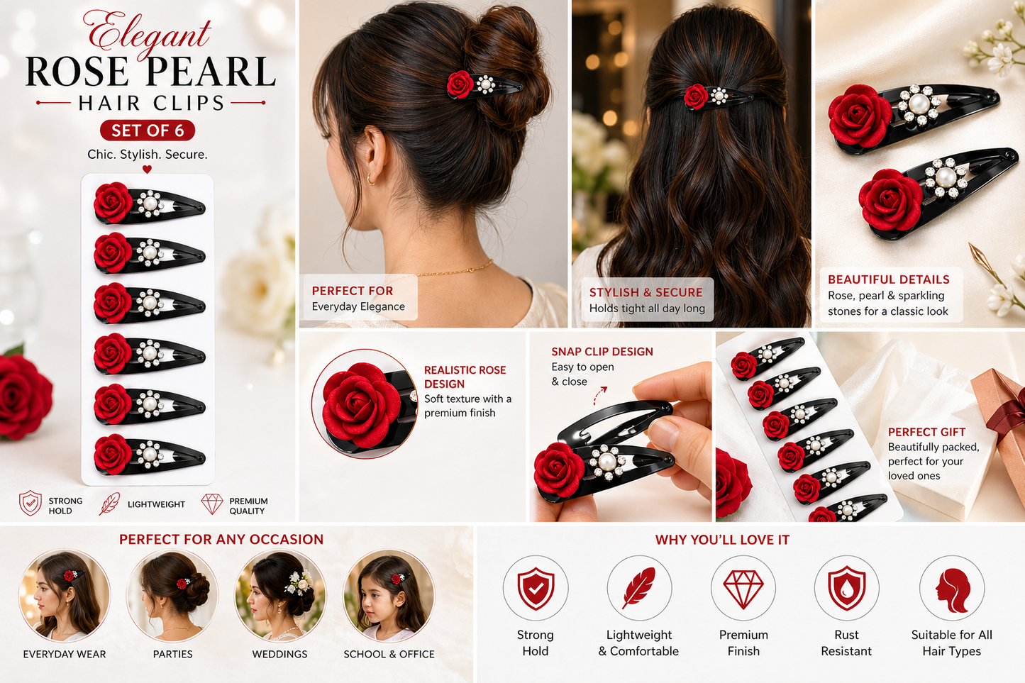 Harmal Store Elegant Rose Pearl Hair Clips – 12-Piece Set (1 Patta) of Chic Floral Snap Clips with Sparkling Rhinestones and Classic Pearls –