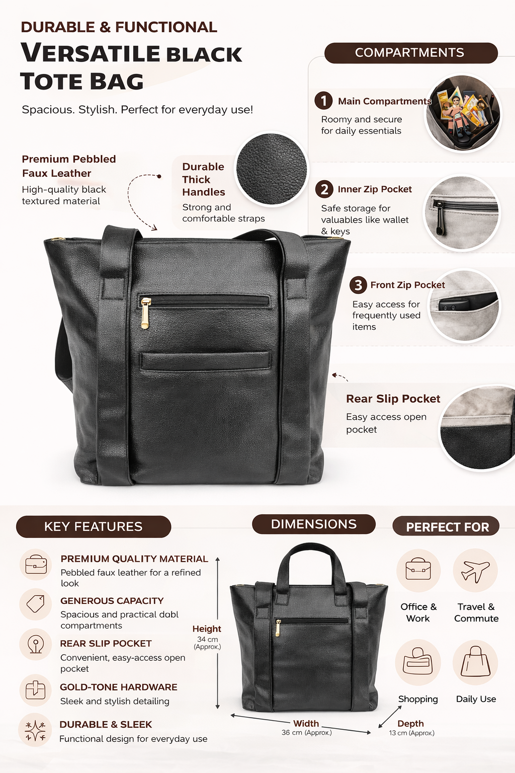 Black Tote Bag for Women, Faux Leather Shoulder Handbag with Front Zip Pocket, Rear Slip Pocket