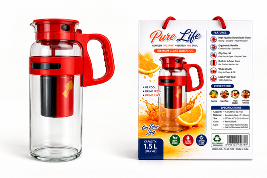 Premium Borosilicate Glass Water Jug with Infuser (1.5 Litre) | Flip-Top Lid, Leak-Proof, BPA-Free