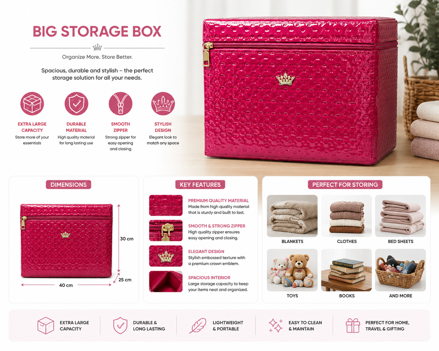 Premium Foldable Storage Box with Zipper Lid | Large Capacity Organizer for Clothes, Blankets & Toys | Waterproof Storage Chest | Multipurpose Home Storage Container | Pink