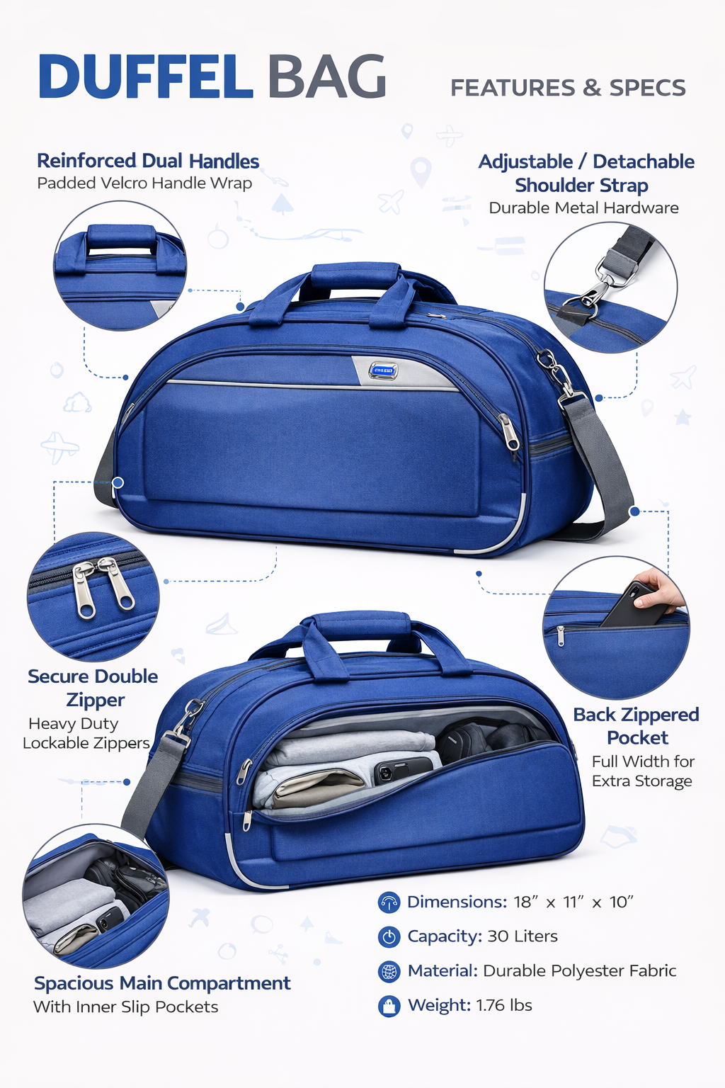 Travel Duffel Bag 30L, Spacious Weekender Gym Bag with Shoulder Strap, Polyester Overnight Luggage Bag, Blue