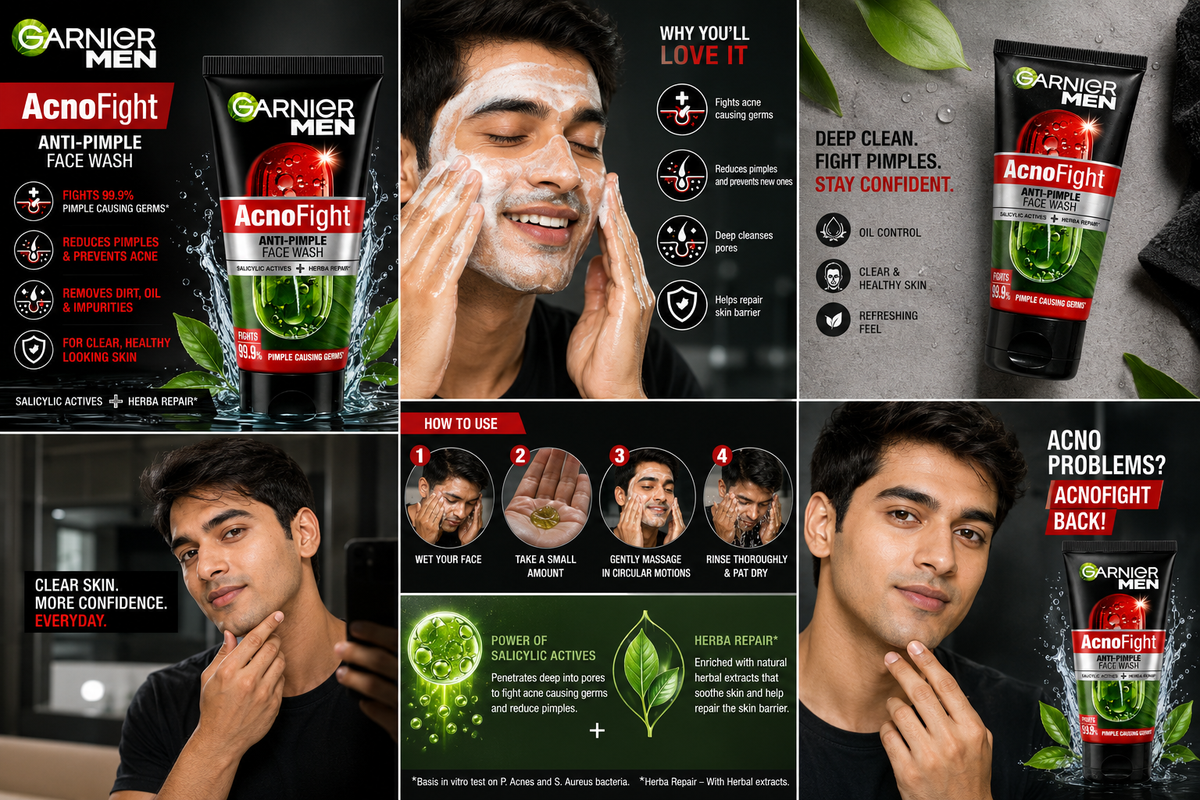 Garnier Men AcnoFight Anti-Pimple Face Wash with Salicylic Actives & Herba Repair, Deep Cleansing & Oil Control Face Cleanser for Oily Acne-Prone Skin, Paraben Free, 50g