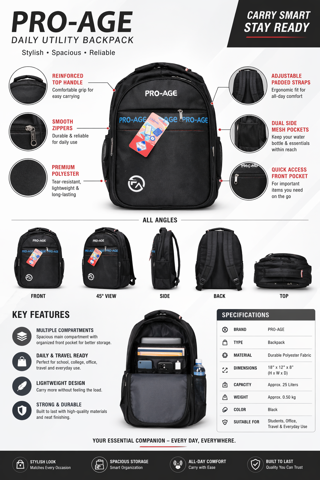 School Backpack for Boys & Girls, 30L Polyester Laptop Backpack with Multiple Compartments, Adjustable Padded Straps, Dual Mesh Side Pockets, 18 x 13 x 9 Inch