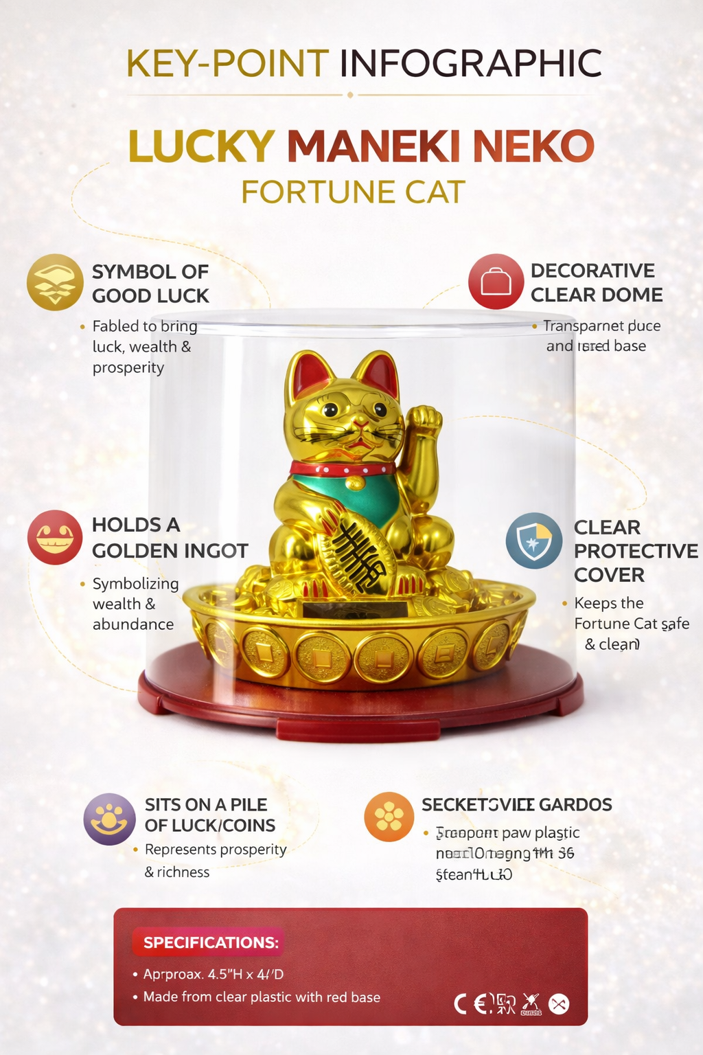 Lucky Maneki Neko Fortune Cat with Protective Dome | Golden Beckoning Cat for Wealth & Prosperity