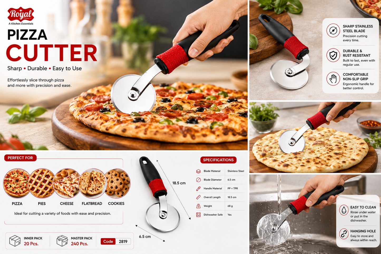 Royal Pizza Cutter Wheel, Stainless Steel Sharp Blade Pizza Slicer with Ergonomic Non-Slip Handle, Rust Resistant, Easy to Clean Pizza Cutter for Pizza, Pie, Flatbread, Cheese & Cookies