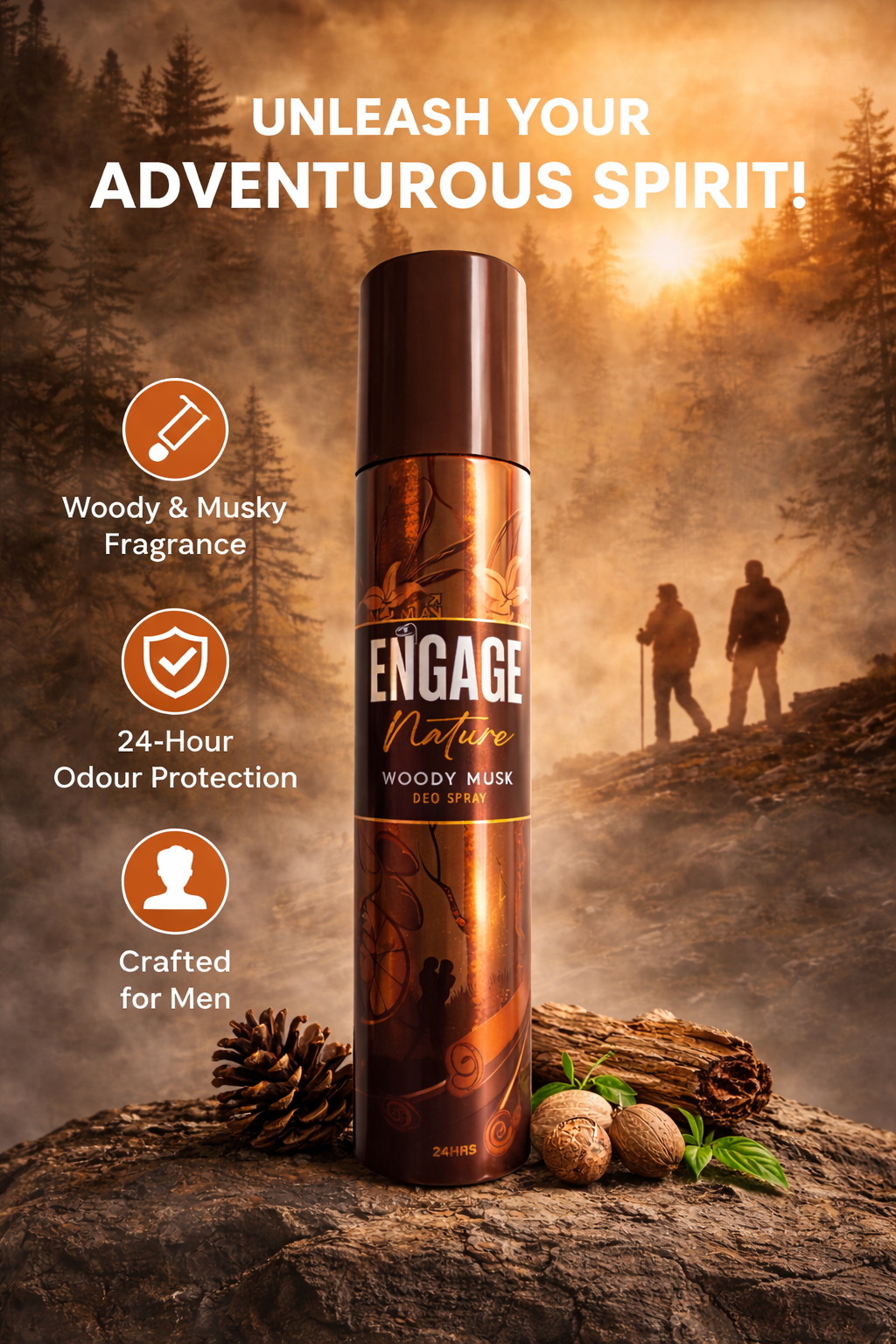 Engage Nature Woody Musk Deo Spray for Men, 150ml | 24-Hour Long Lasting Odour Protection | New Multivitamin Formula | Masculine Woody & Musky Fragrance