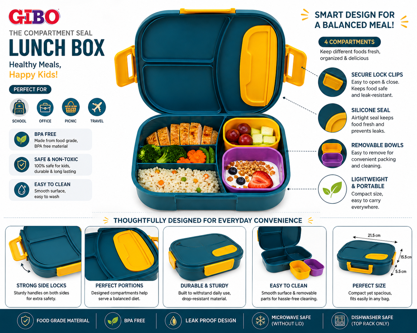 GIBO Leak-Proof Bento Lunch Box for Kids & Adults – 4 Compartment Meal Prep Container with Removable Bowls – BPA-Free, Microwave & Dishwasher Safe