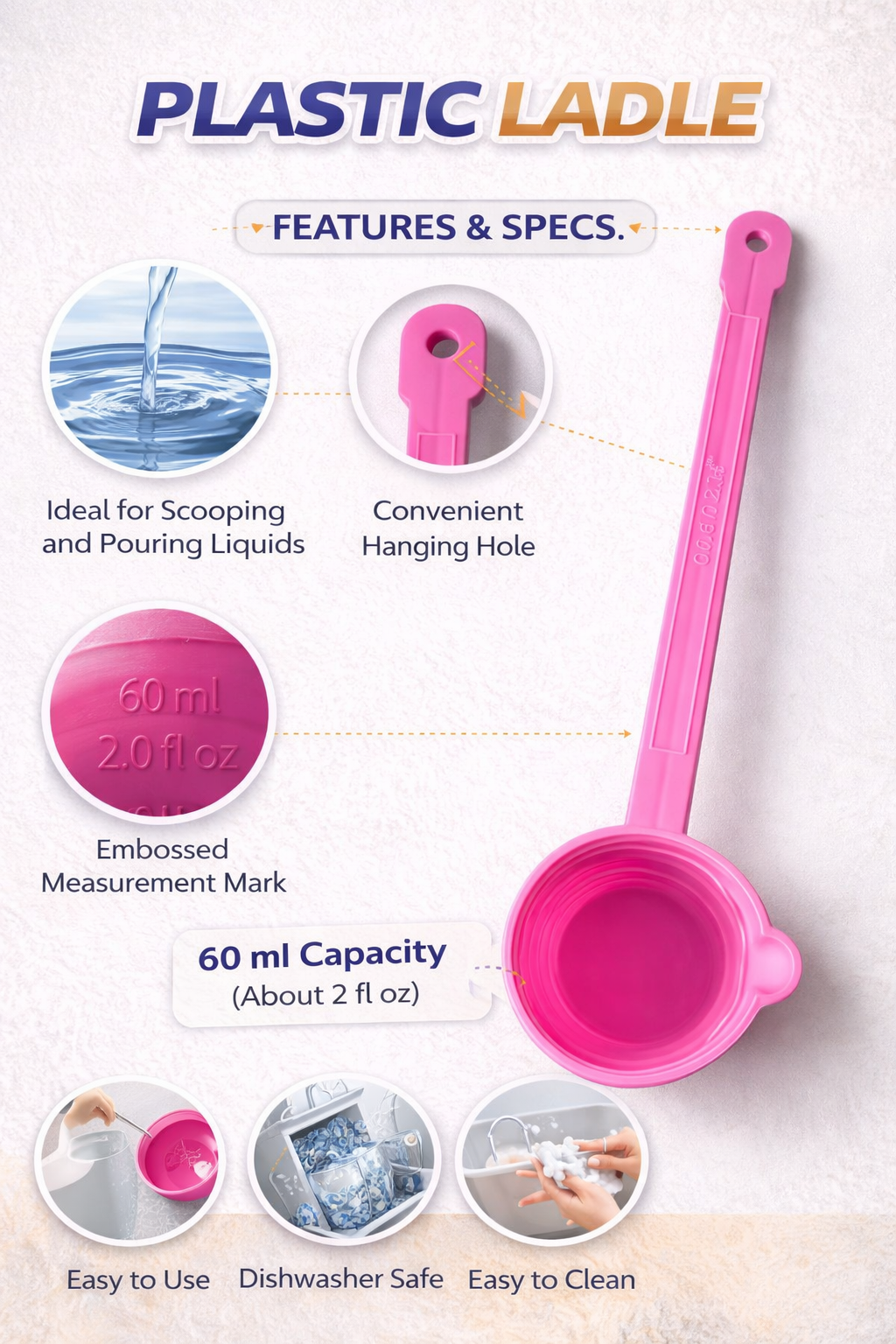 Plastic Measuring Ladle 60 ml (2 oz) – Multi-Purpose Scoop with Hanging Hole, Dishwasher Safe, Durable Kitchen Tool for Liquids & Dry Ingredients