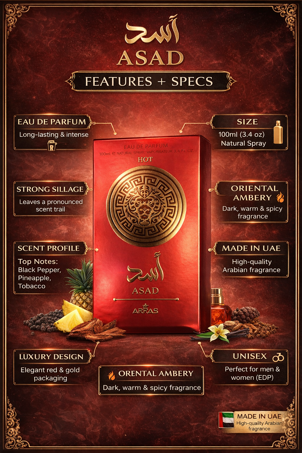 ASAD Eau De Parfum 100ml | Long-Lasting Arabian Perfume | Oriental Amber Spicy Fragrance | Strong Sillage | Unisex Luxury Perfume for Men & Women 100 M.L