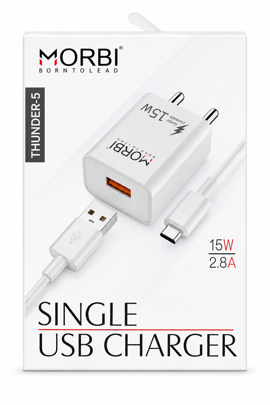 MORBI Thunder-6 15W Single USB Charger with Cable, Fast Charging USB-A Wall Charger Adapter, 2.1A Output, Smart IC, Multi Protection, Compact Travel Charger for Smartphones, Tablets, Power Banks & USB Devices
