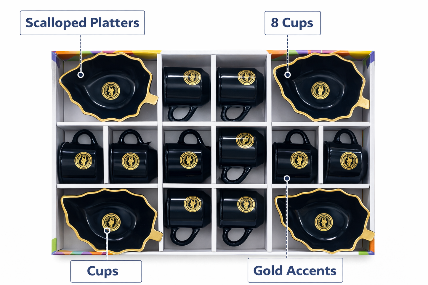 12-Piece Ceramic Cup & Platter Gift Set | 8 Coffee Cups + 4 Scalloped Serving Platters | Black & Gold Premium Design