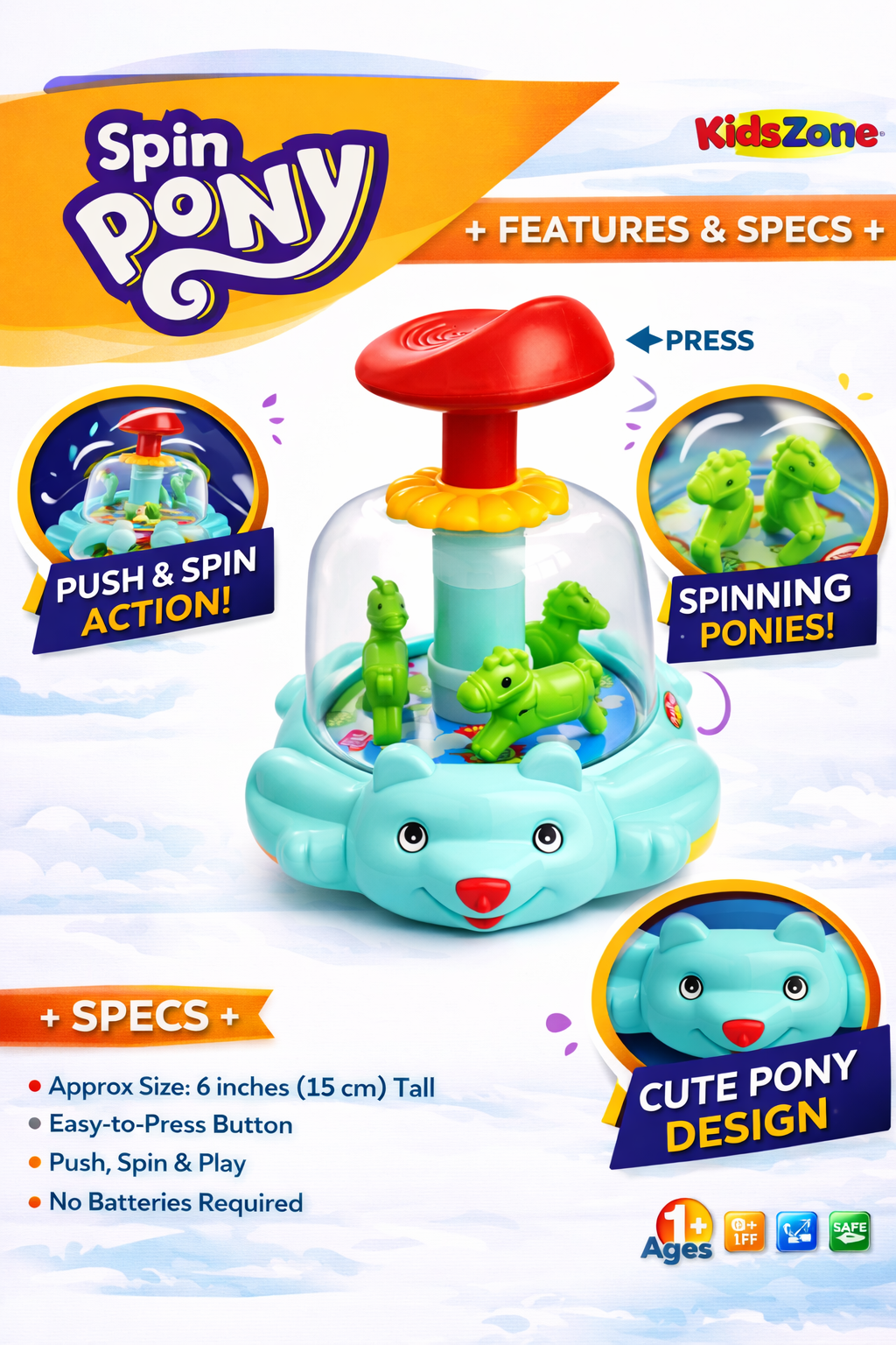 Spin Pony Toy for Kids (1+ Years) – Push & Spin Pony Toy with Moving Animals, No Battery Required, Interactive Baby Toy for Toddlers
