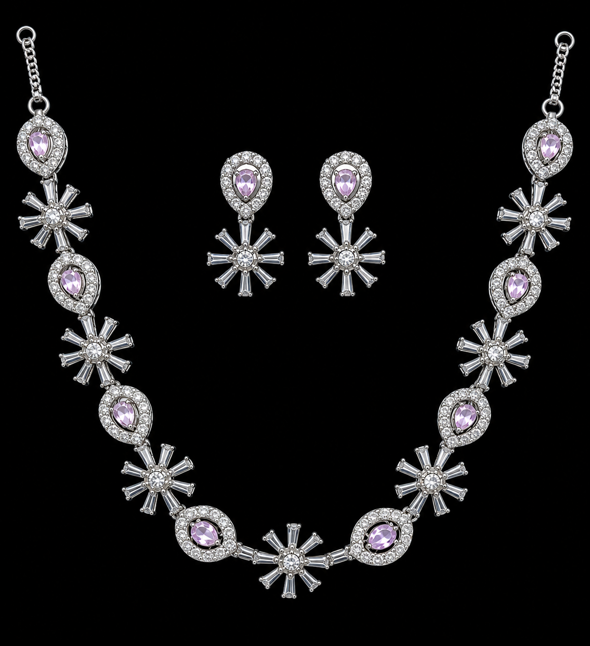 A stunning necklace and earring set adorned with lavender stones, sparkling crystals, and a radiant silver finish — crafted to make every moment special.