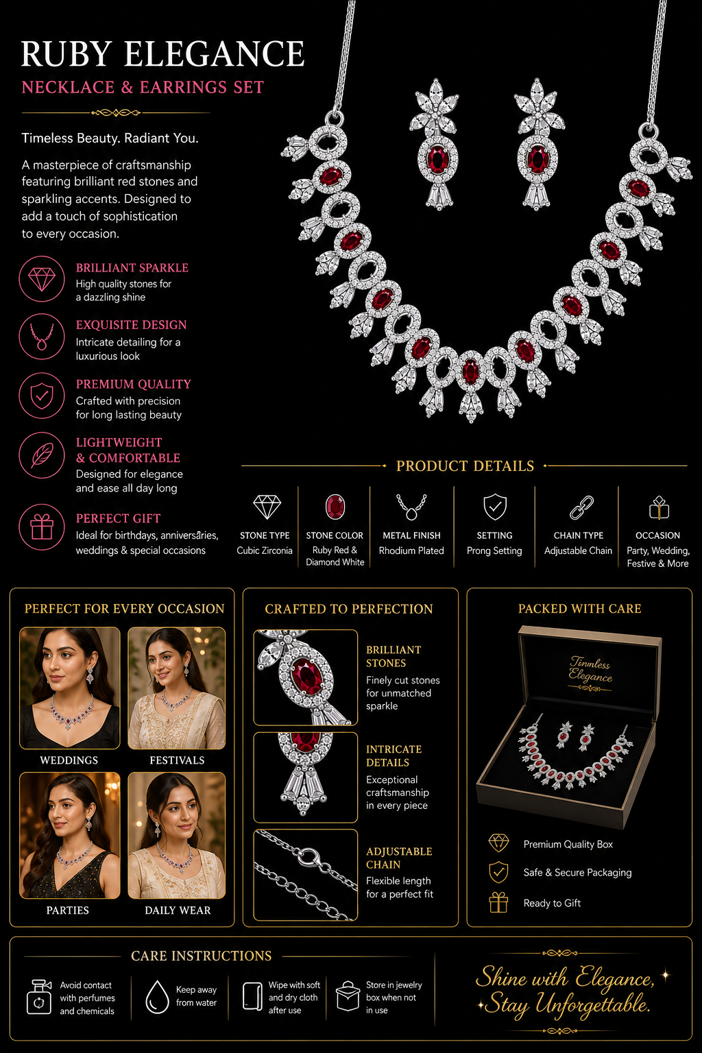 Ruby Elegance Necklace Earrings Set for Women, Cubic Zirconia Jewelry Set, Rhodium Plated Red Stone Necklace Set, Bridal Wedding Party Jewelry for Girls & Women