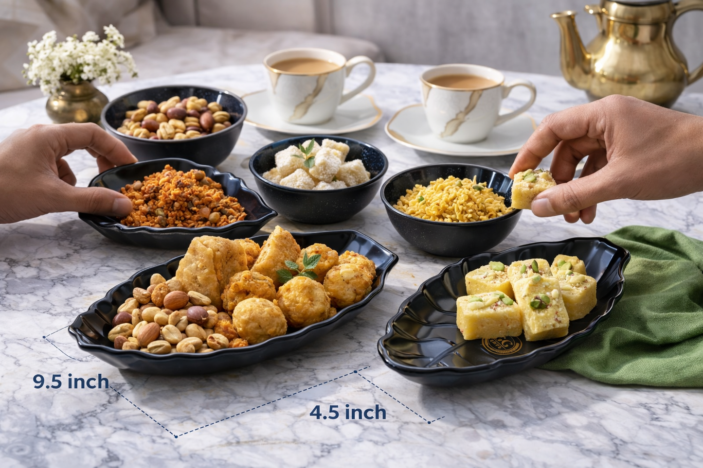 Premium Black Serving Set (8 Pieces) – 4 Leaf Shaped Plates (9.5 Inch) + 4 Bowls (4.5 Inch) | Designer Snack & Dessert Serving Set | Gift Set for Home, Parties & Festivals