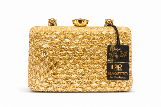 Gold Rhinestone Evening Clutch for Women | Luxury Crystal Party Handbag with Gold-Tone Handle, Sphere Clasp & Satin Interior