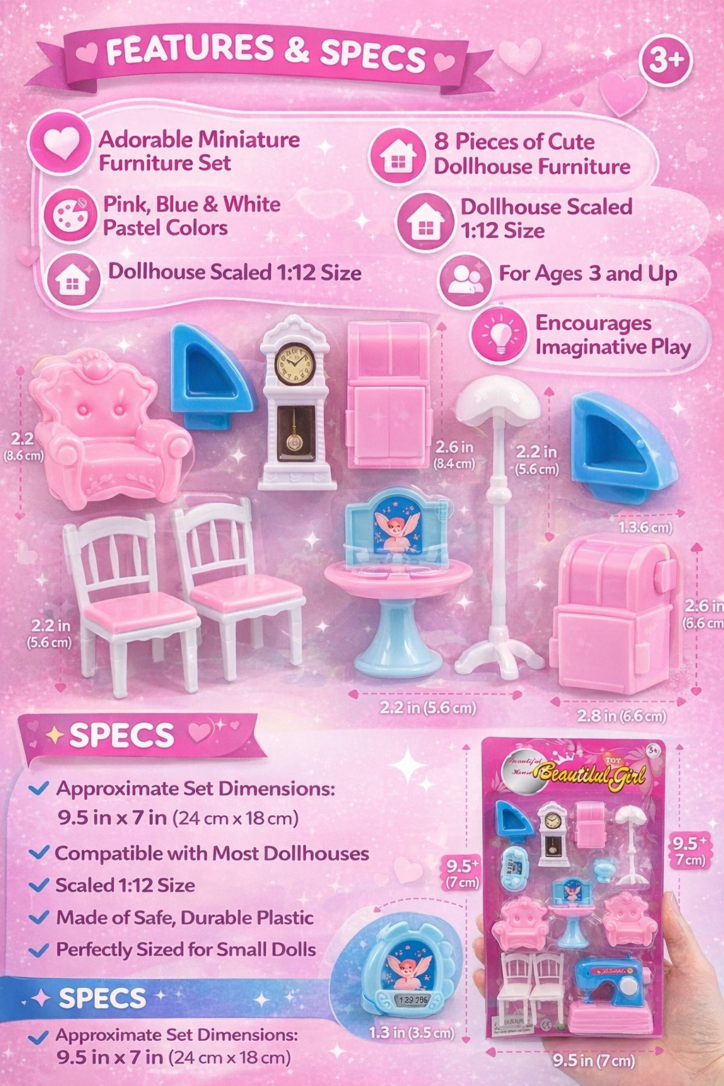 Mini Dollhouse Furniture Set for Kids (3+ Years) – 8 Pieces 1:12 Scale Miniature Furniture, Cute Dollhouse Accessories Set for Girls