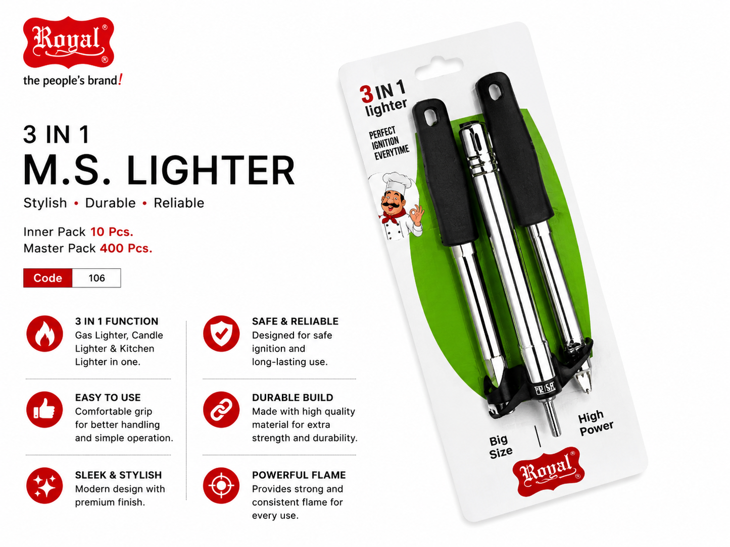 Royal 3 in 1 M.S. Gas Lighter for Kitchen, Stainless Steel Manual Gas Stove Lighter, Candle Lighter & Kitchen Lighter, High Power Flame, Long Handle Safety Igniter, Silver & Black