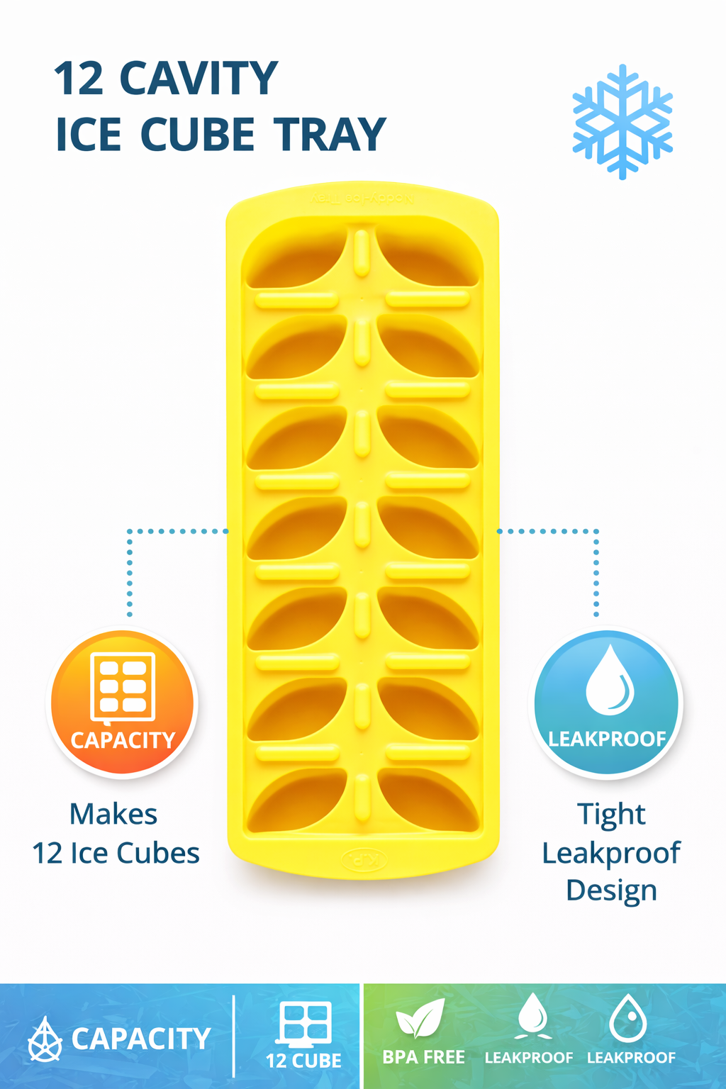 12 Cavity Ice Cube Tray | BPA-Free Plastic Ice Tray with Oval Moulds | Easy Release Flexible Ice Maker | Leakproof & Dishwasher Safe | Freezer Ice Tray for Home Kitchen