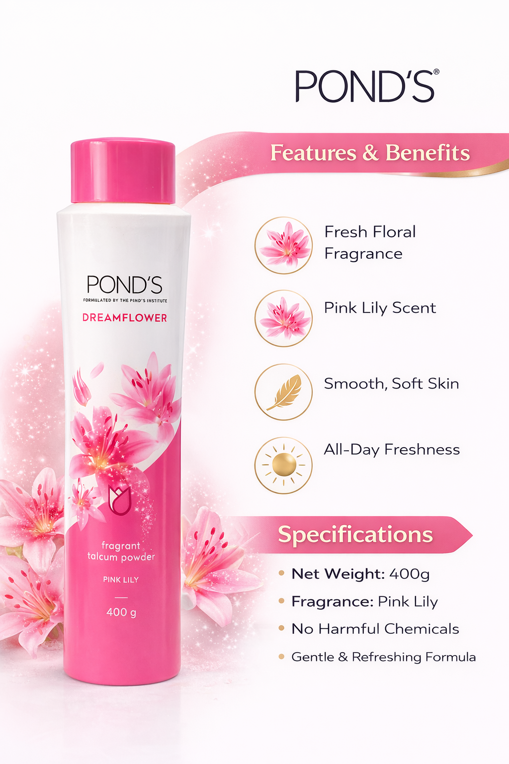 POND’S Dreamflower Pink Lily Fragrant Talcum Powder 400g | Long Lasting Floral Body Powder | Soft Smooth Skin | All-Day Freshness for Women