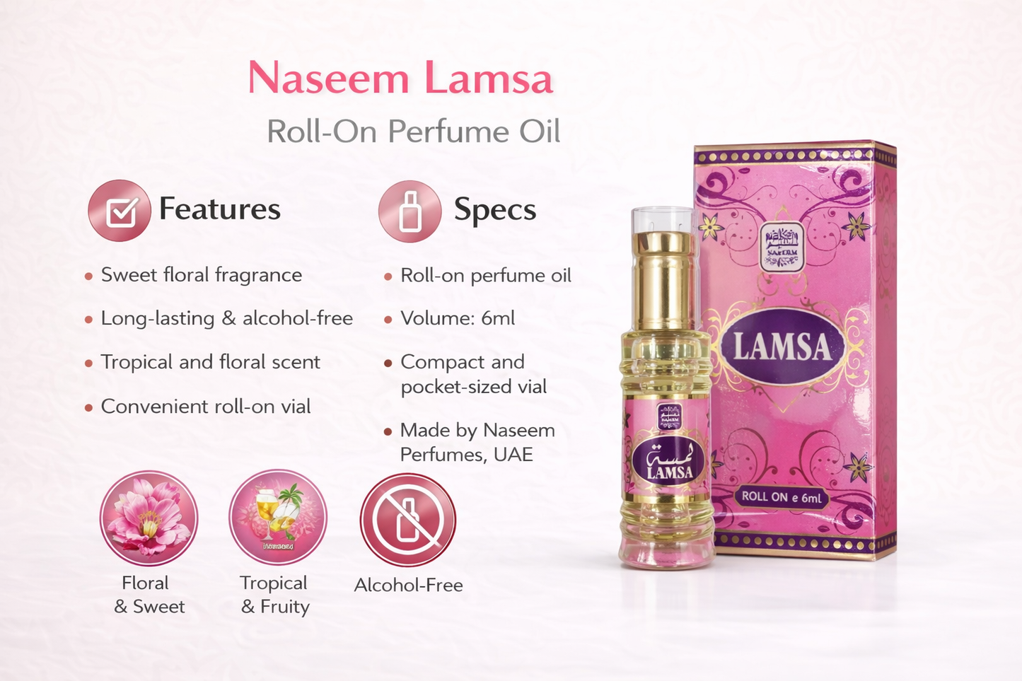 Naseem Lamsa Attar Roll On Perfume Oil 6ml – Alcohol-Free Long Lasting Sweet Floral & Fruity Fragrance for Women