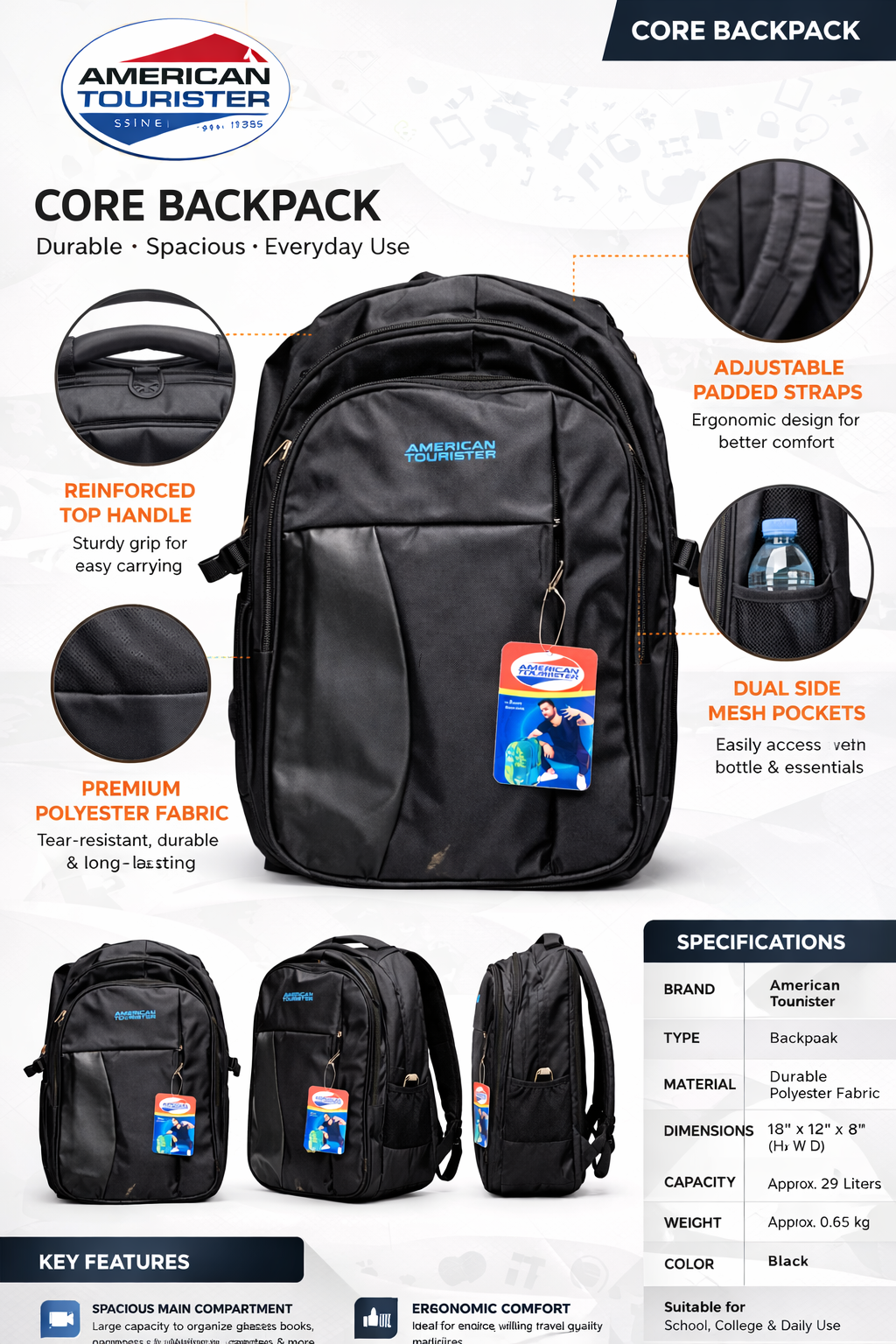 American Tourister Core Backpack | Durable Polyester Fabric | 29L Capacity | Padded Shoulder Straps