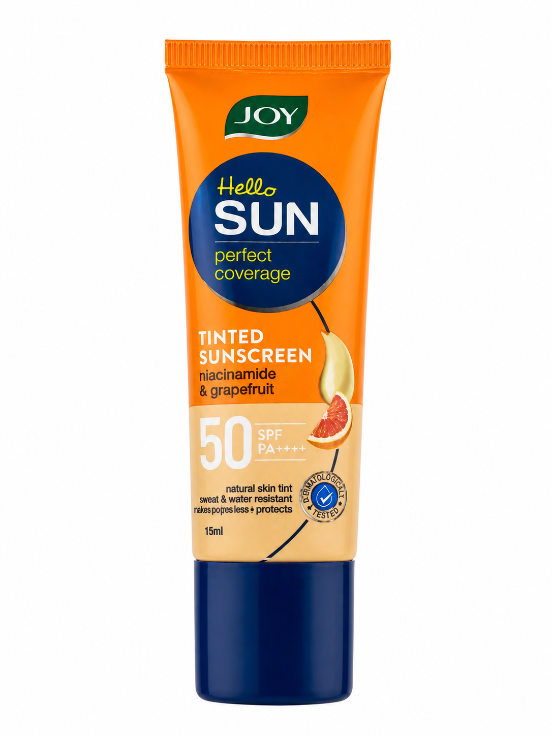 Joy Hello Sun Tinted Sunscreen SPF 50 PA++++ with Niacinamide & Grapefruit | Broad Spectrum UVA/UVB Protection | Sweat & Water Resistant | Lightweight Non-Greasy Formula | Natural Skin Tint | 15 ml
