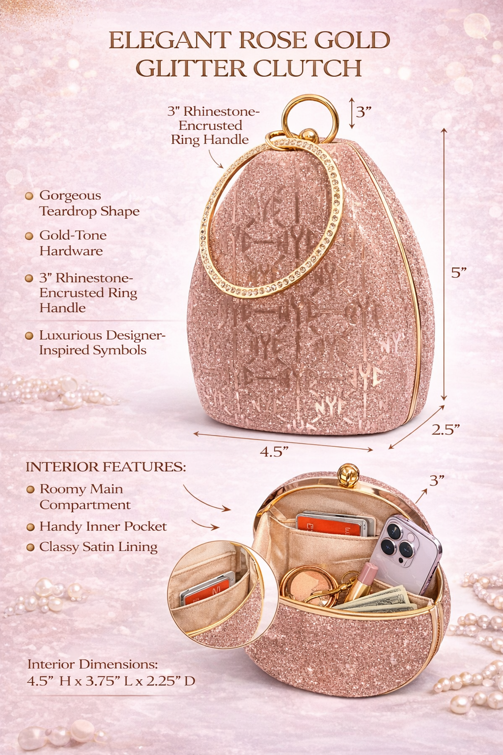 Rose Gold Glitter Clutch for Women | Rhinestone Ring Handle Evening Bag with Gold-Tone Frame & Satin Lining | Stylish Wedding, Party & Bridal Handbag
