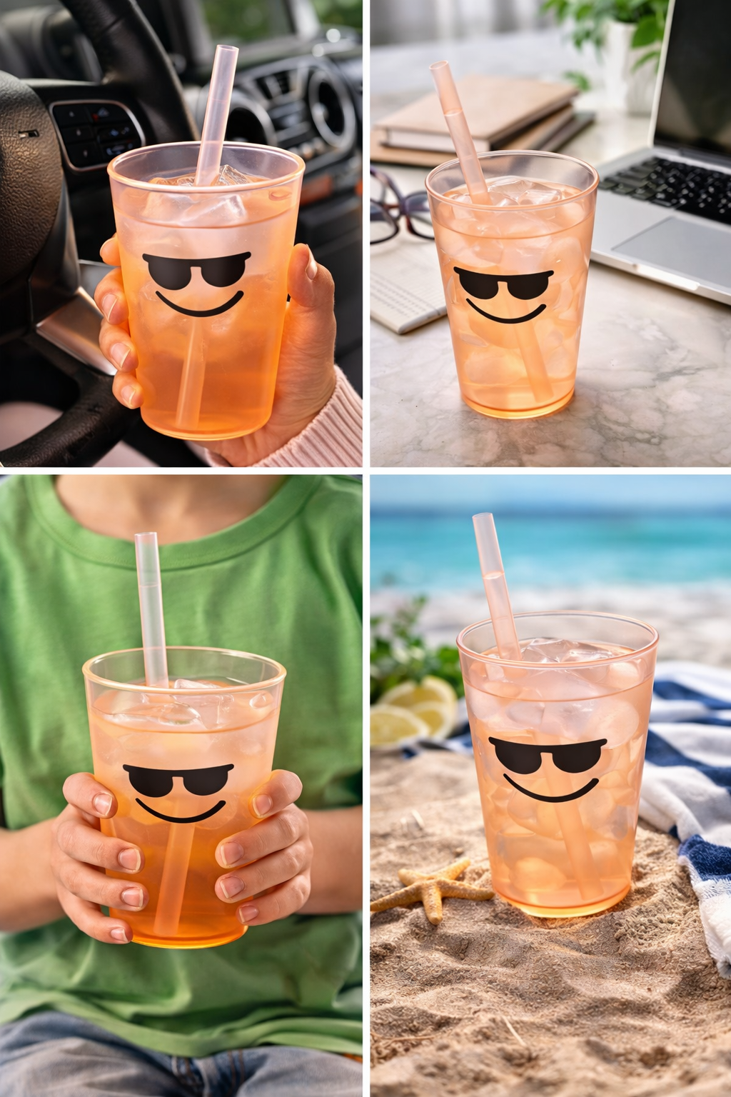 Plastic Tumbler with Straw 450ml (15oz) | BPA-Free Reusable Drinking Cup | Lightweight Durable Juice & Water Tumbler | Cute Smile Design | Kids & Adults Drinkware