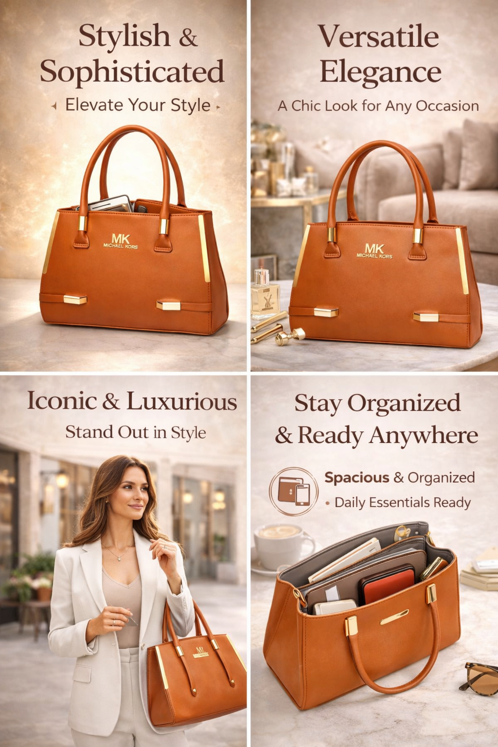 Luxury Brown Leather Handbag for Women | Premium Structured Tote Bag with Gold Tone Hardware