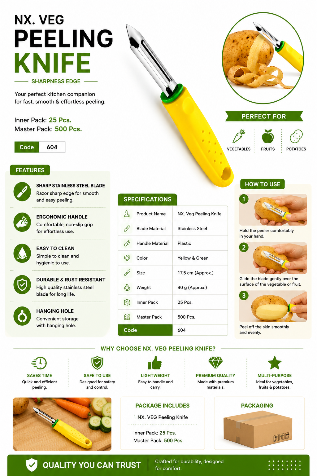 Royal NX Vegetable Peeler, Stainless Steel Fruit & Vegetable Peeling Knife, Sharp Blade Kitchen Peeler with Ergonomic Handle, Rust Resistant Potato, Carrot, Apple & Cucumber Peeler, Yellow & Green