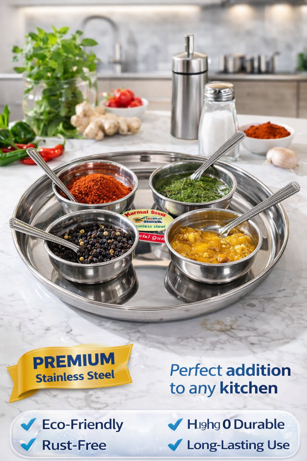 Stainless Steel Serving Set with Tray (4 Bowls + 4 Spoons) | Rust-Resistant Mini Katori Set for Chutney, Spices & Serving | Durable Steel Dinnerware Set