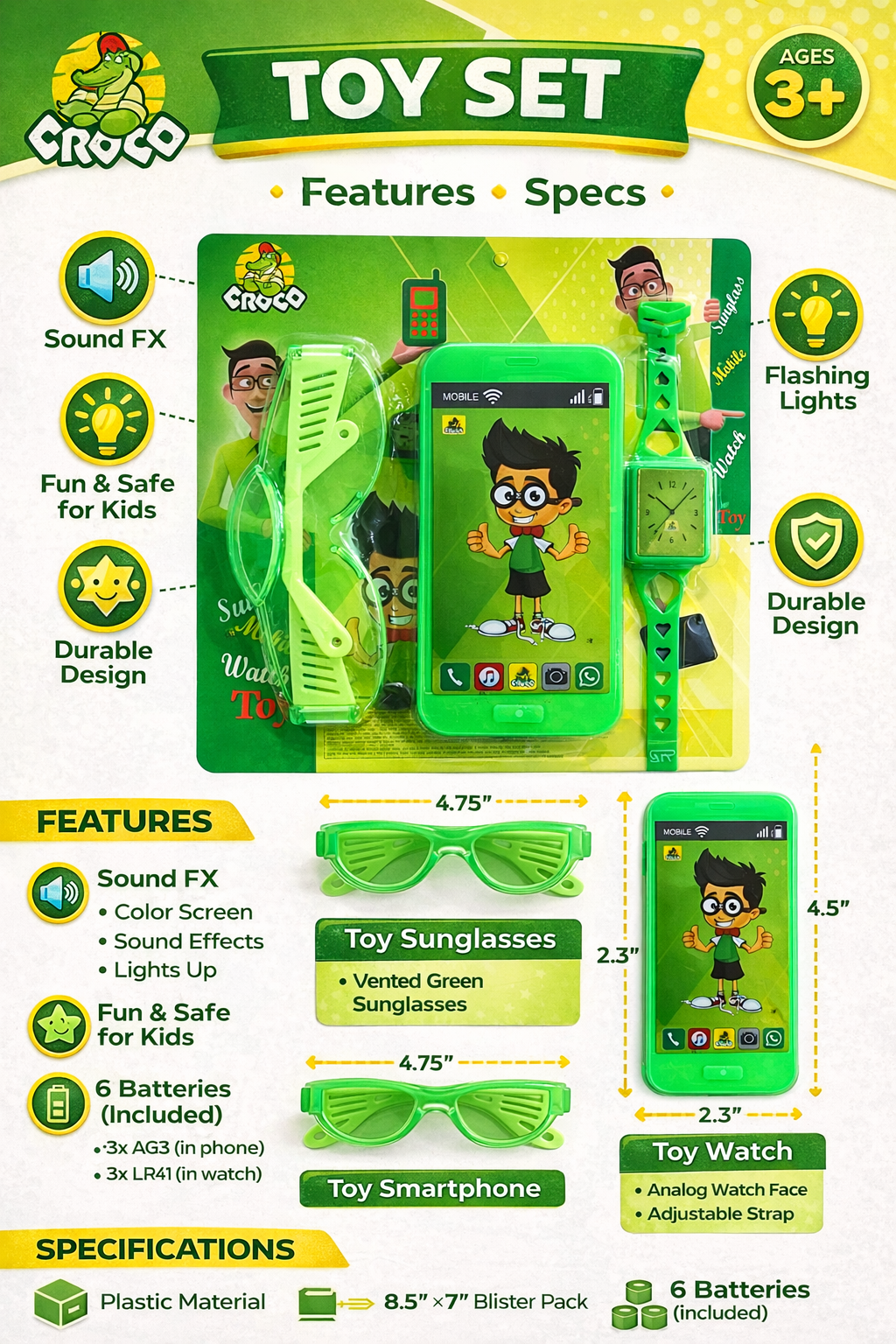 Kids Toy Smartphone Set with Watch & Sunglasses, Sound & Light Mobile Toy for Kids, Educational Role Play Toy Gift for Boys & Girls Age 3+ (Green)