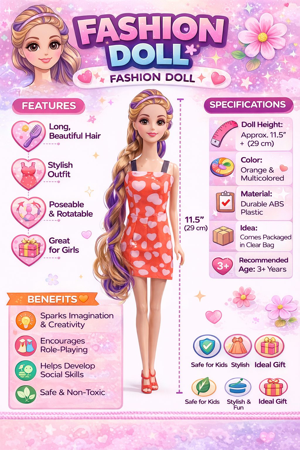 Fashion Doll for Girls 3+ Years, 11.5 Inch Stylish Doll with Long Hair, Poseable Body, Cute Dress, Role Play Toy, Gift for Kids