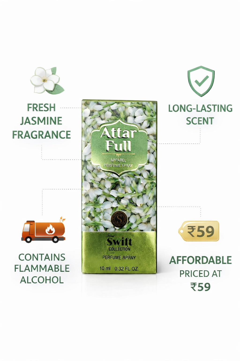 Attar Full Jasmine Perfume Spray 10ml | Long-Lasting Floral Fragrance for Men & Women