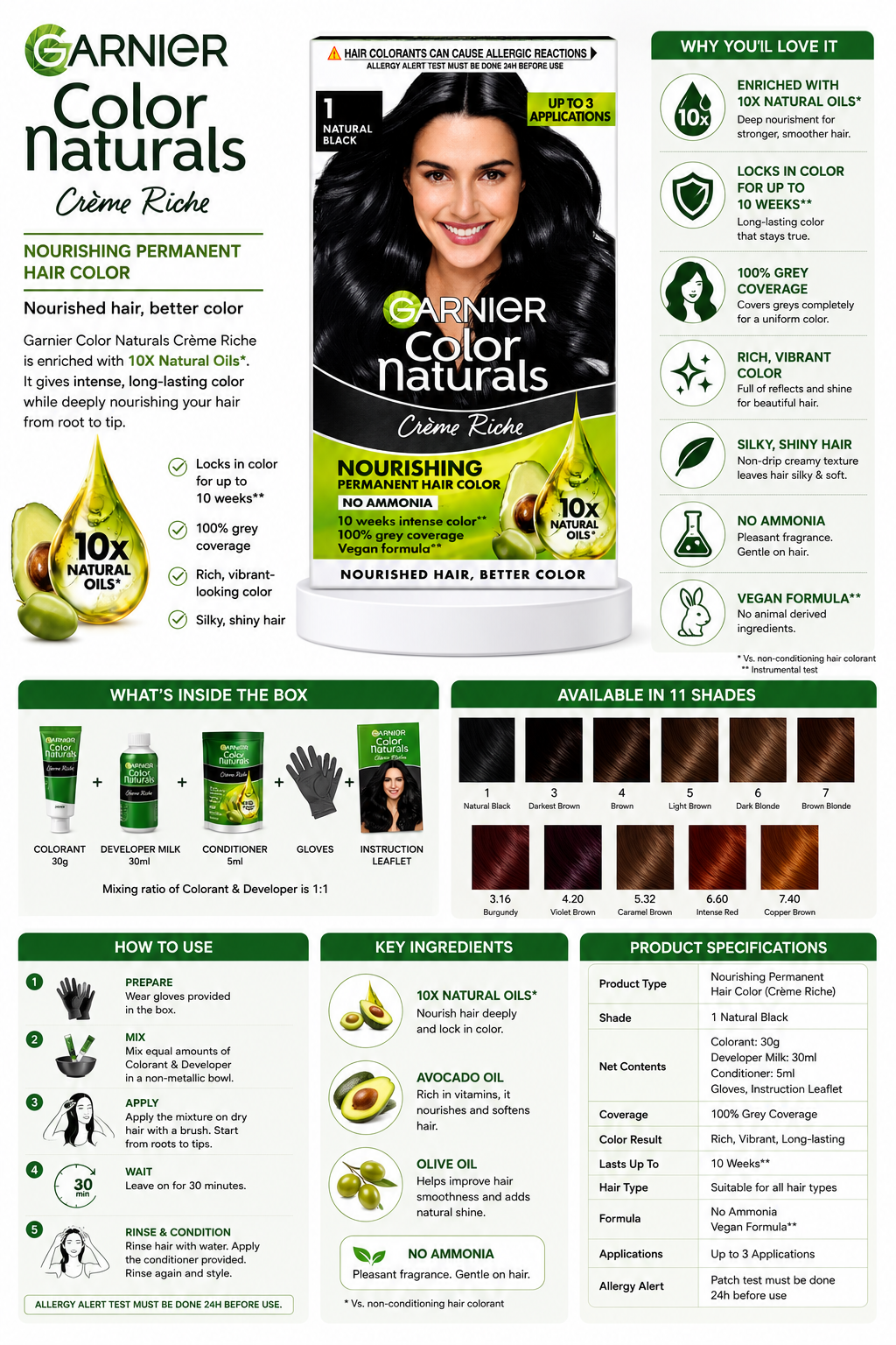 arnier Color Naturals Crème Riche Hair Color, Shade 1 Natural Black | Permanent Hair Dye with 10X Natural Oils | 100% Grey Coverage | No Ammonia Formula | Long-Lasting Rich Color