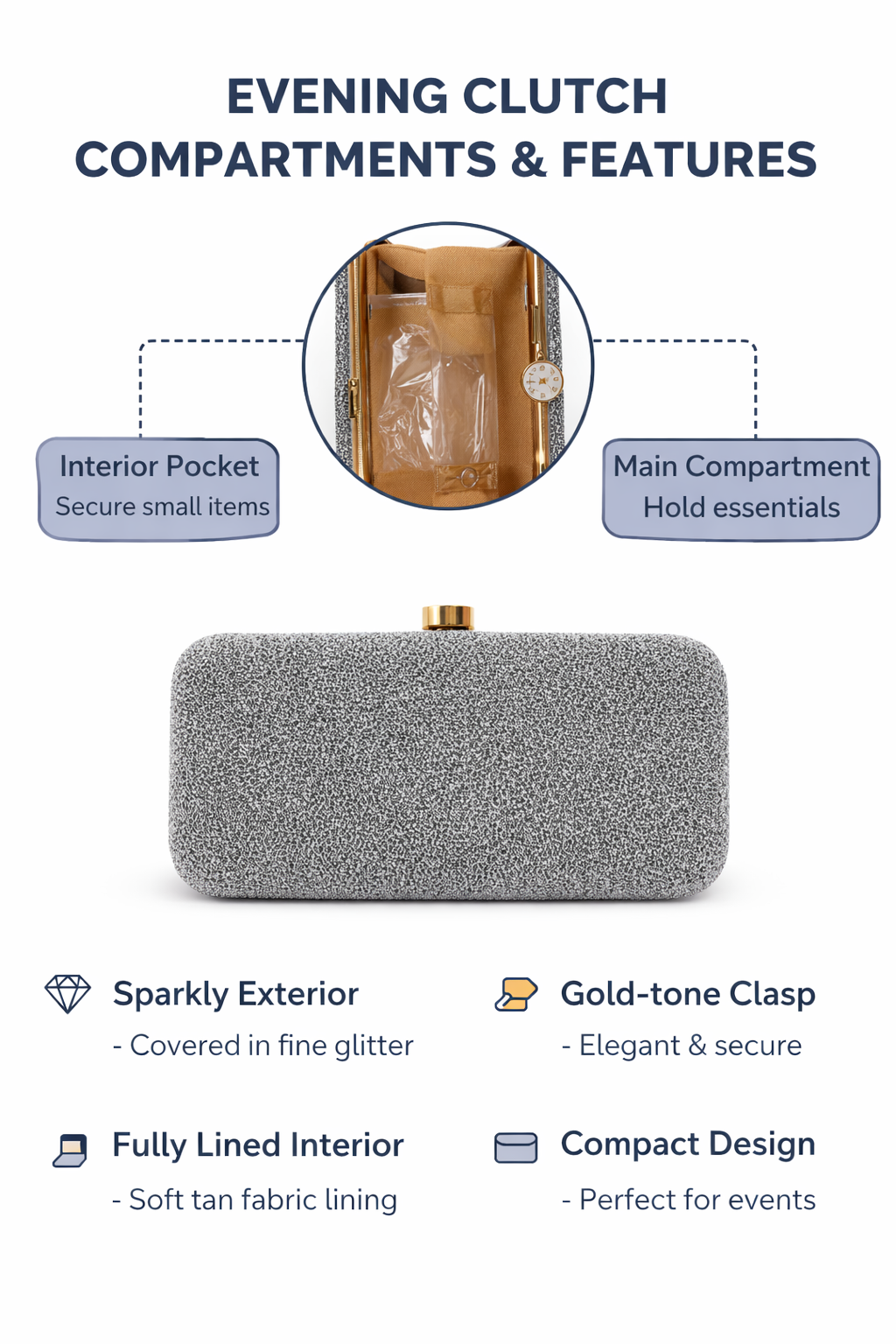 ilver Glitter Evening Clutch for Women, Sparkly Box Clutch Purse with Gold-tone Clasp, Elegant Party Handbag for Wedding