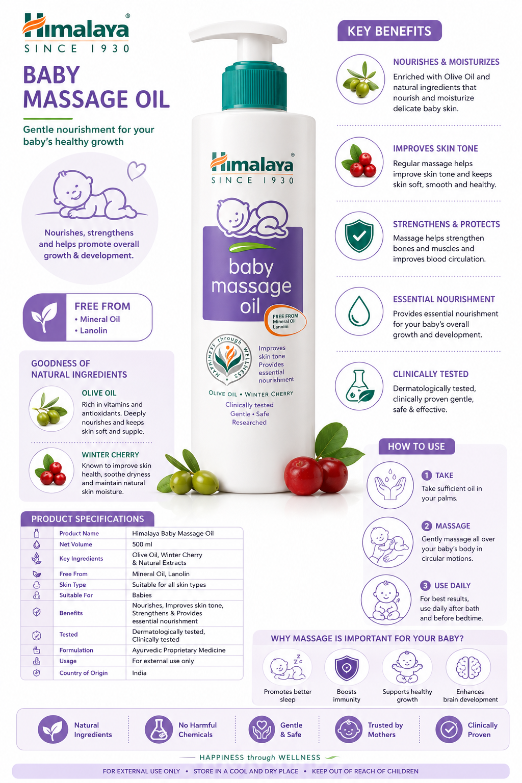 Himalaya Baby Massage Oil with Olive Oil & Winter Cherry, Nourishes & Moisturizes Baby Skin, Gentle Daily Massage Oil, Mineral Oil & Lanolin Free, 500 ml