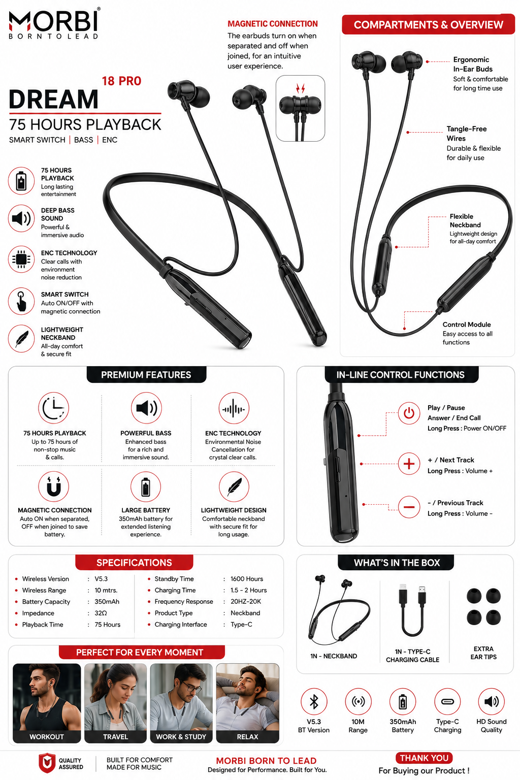 MORBI Dream 18 Pro Wireless Bluetooth Neckband Earphones, 75H Playback, 350mAh Battery, Bluetooth 5.3, ENC, Deep Bass, Magnetic Earbuds, Smart Switch, Type-C Charging, Black