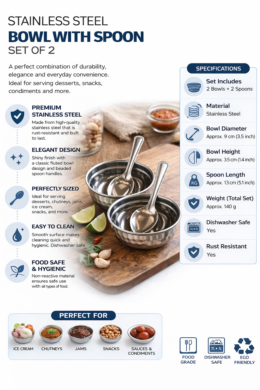 Stainless Steel Bowl with Spoon Set (2 Bowls + 2 Spoons) | Food Grade, Rust Resistant, Dishwasher Safe