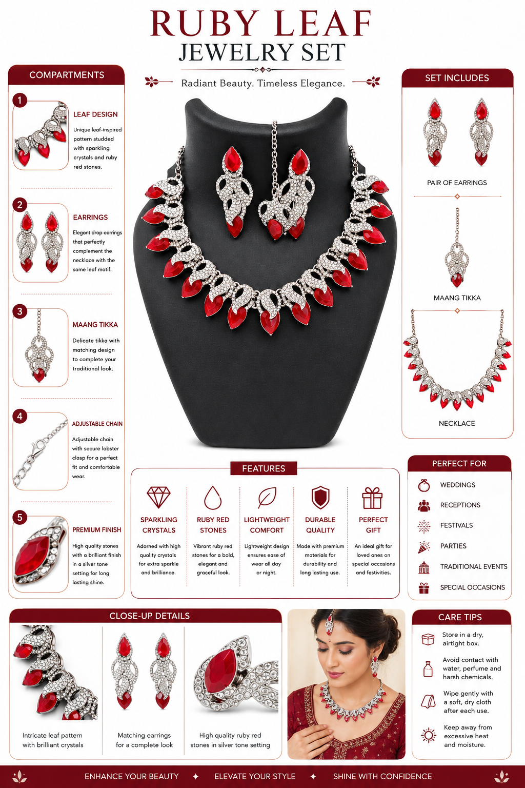 Ruby Leaf Jewelry Set for Women | Red Crystal Necklace Set with Earrings & Maang Tikka | Silver Tone Bridal Wedding Jewelry Set