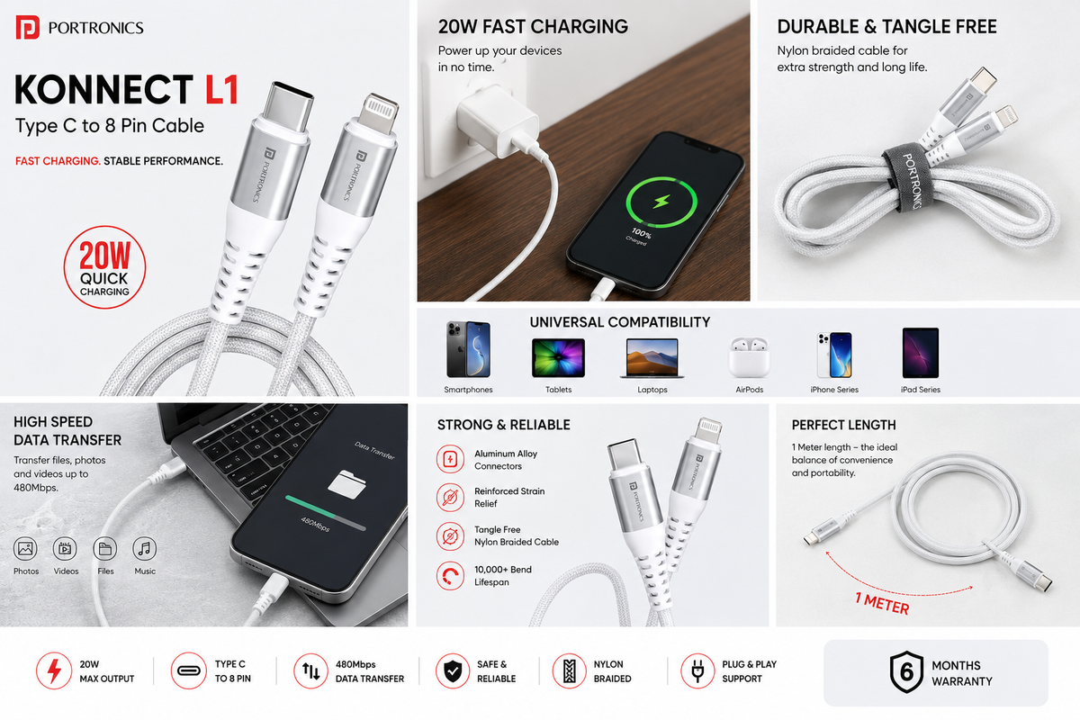 ortronics Konnect L1 Type C to 8 Pin Cable, 20W Fast Charging & 480Mbps Data Transfer, Nylon Braided Cable with Aluminum Alloy Connectors, 1 Meter, White