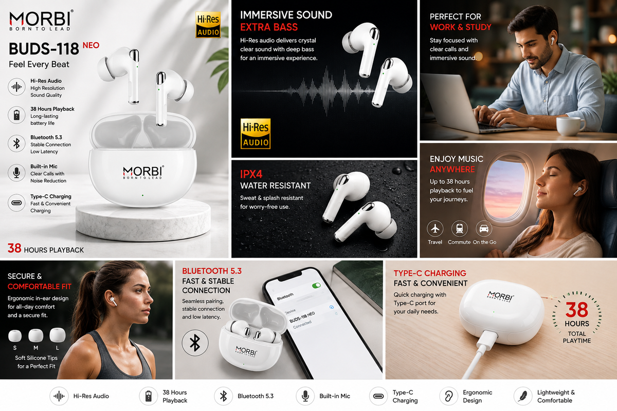 MORBI BUDS-118 NEO True Wireless Earbuds, 38 Hours Playback, Bluetooth 5.3, Hi-Res Audio, Built-in Mic, Touch Control, Auto Pairing, Type-C Fast Charging, Lightweight & Comfortable, White