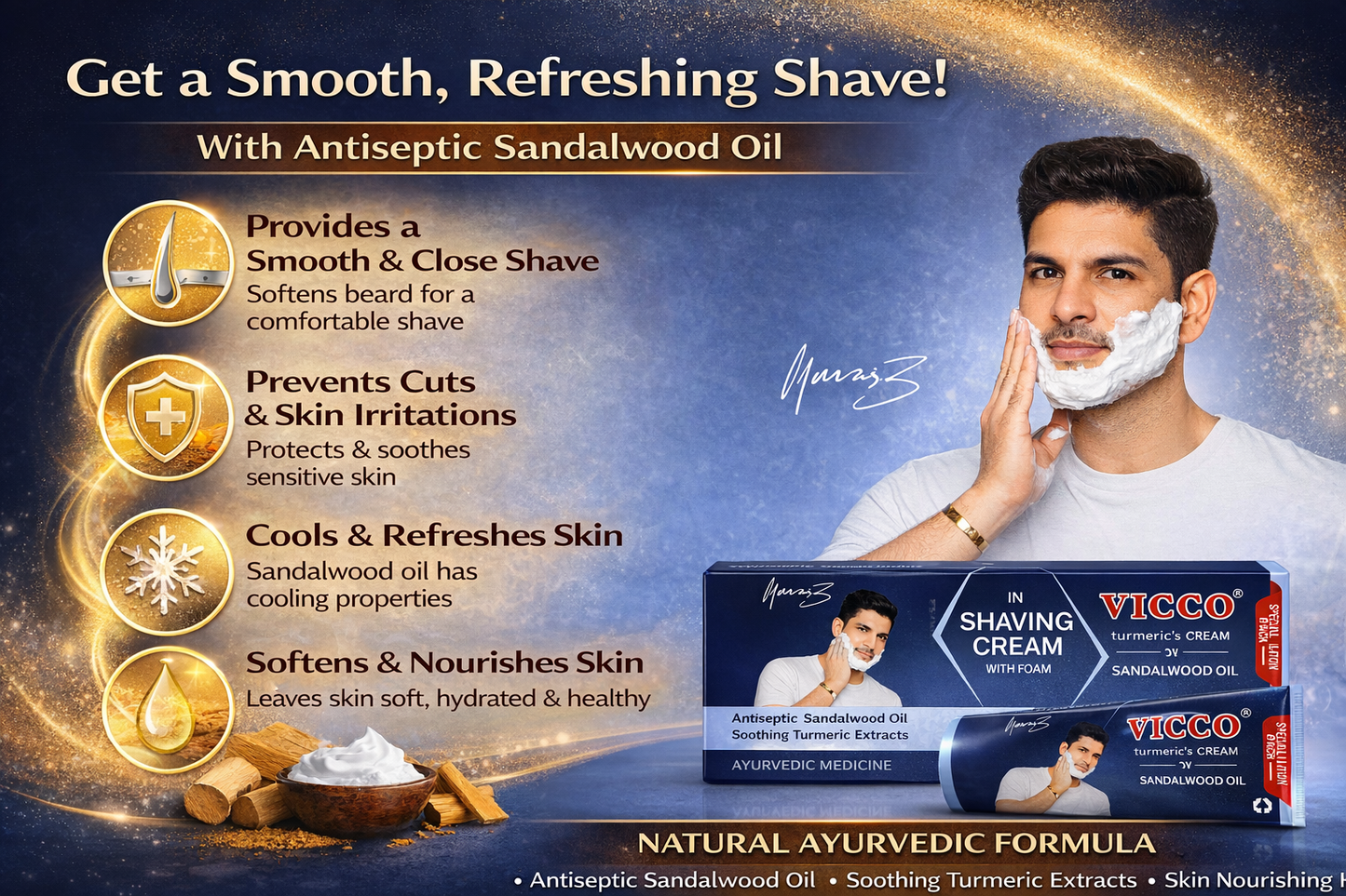Vicco Turmeric Shaving Cream with Sandalwood Oil | Ayurvedic Shaving Cream for Smooth Shave, Skin Protection & Cooling Freshness