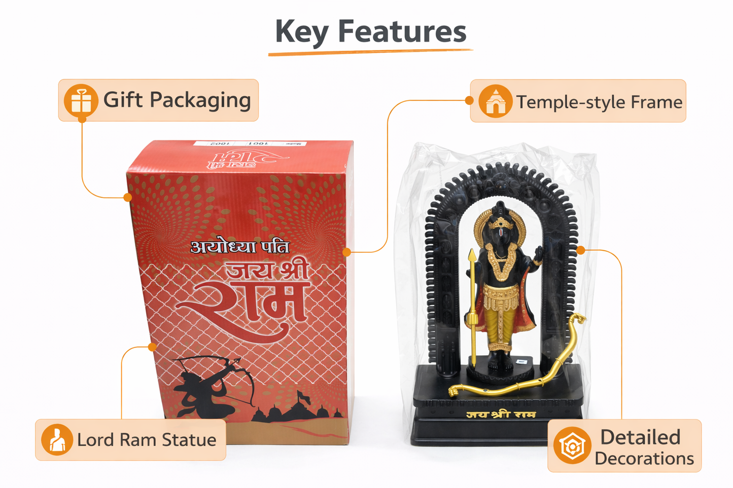 Lord Ram Statue Idol for Home Temple | Premium Black & Gold Decorative Murti with Arch