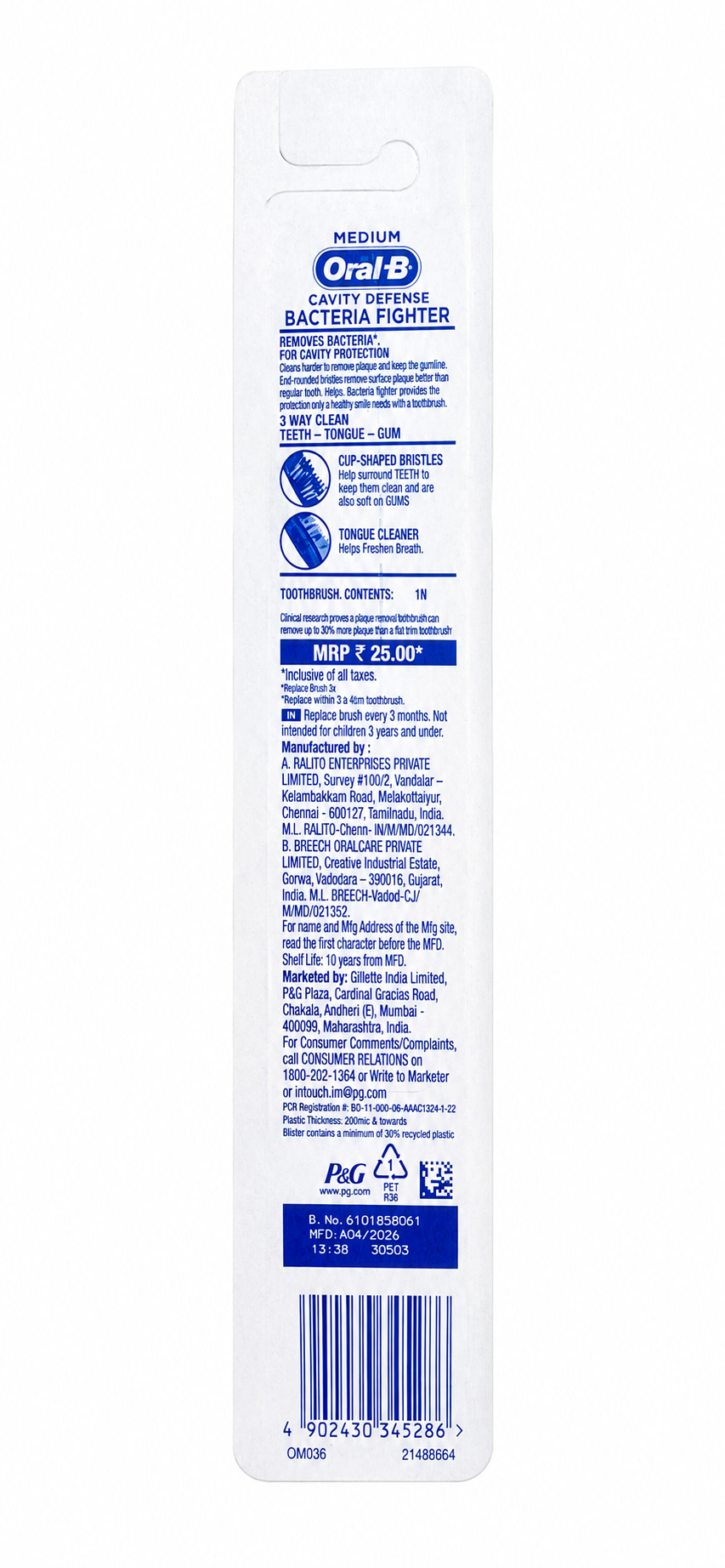Oral-B Bacteria Fighter Medium Toothbrush, Cup-Shaped Bristles for Deep Cleaning, Tongue Cleaner, Comfort Grip Handle, Daily Tooth, Tongue & Gum Care