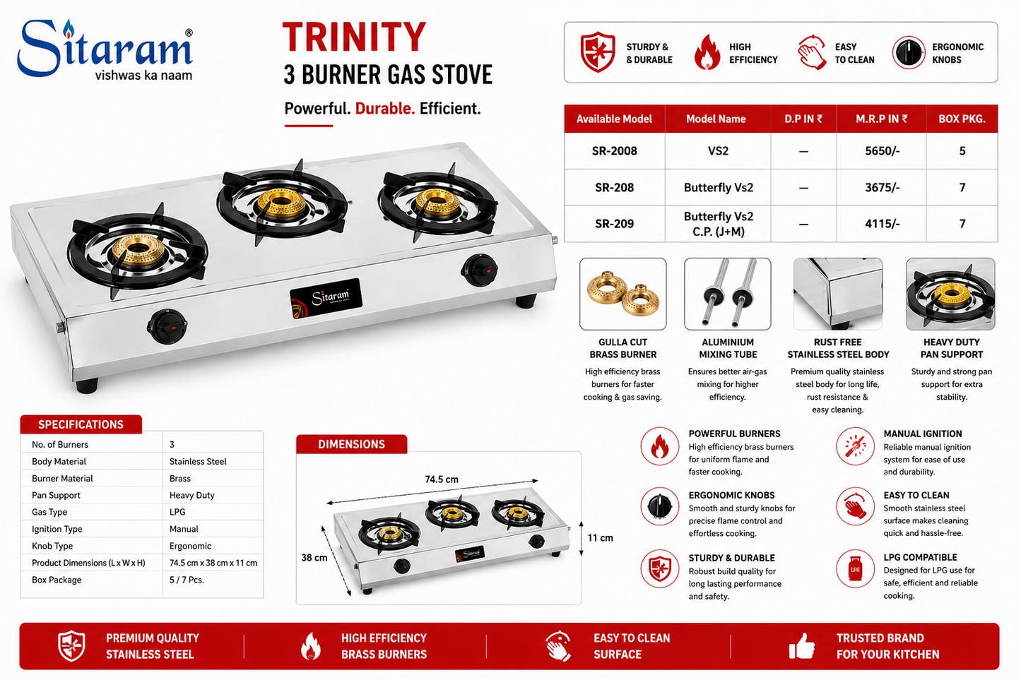 Sitaram Trinity 3 Burner Gas Stove | Stainless Steel Body | Brass Burners | Manual Ignition LPG Gas Stove | Heavy Duty Round Pan Support | Silver
